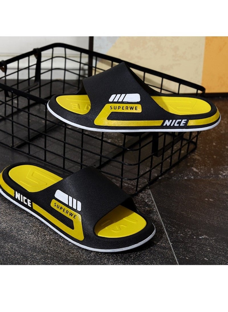 Aethvive Slide Slippers, Unisex Sport Color Block Slides, Non Slip Thick Sole Waterproof Bath Sandals For Men Women Teenagers, Home Shower Beach Outdoor Daily Wear Black Yellow - Image 1