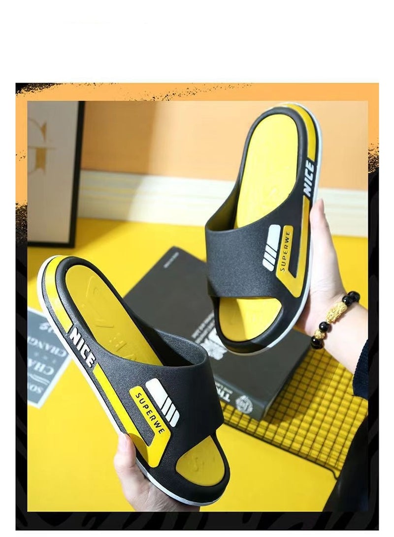 Aethvive Slide Slippers, Unisex Sport Color Block Slides, Non Slip Thick Sole Waterproof Bath Sandals For Men Women Teenagers, Home Shower Beach Outdoor Daily Wear Black Yellow - Image 5