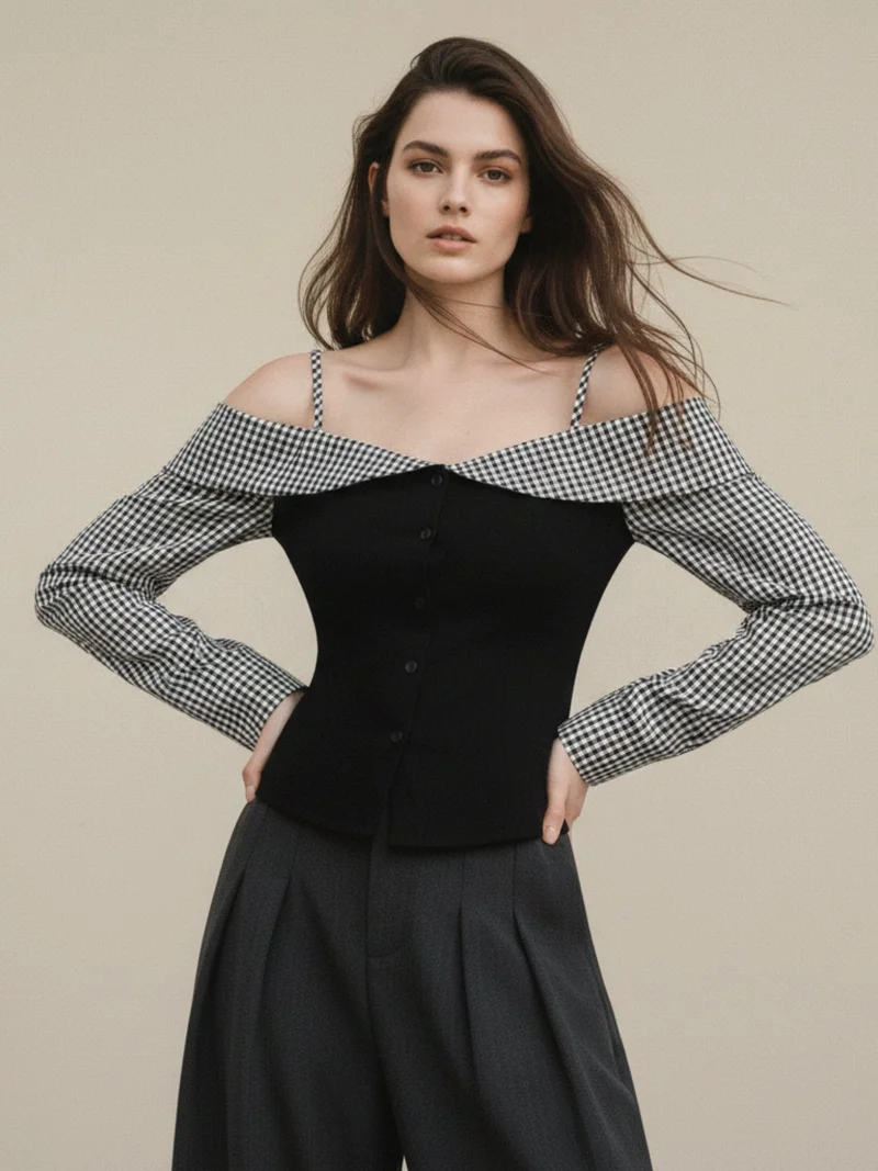 Outzidr  Black Cold Shoulder Checkered Top for Women | Best Price UAE