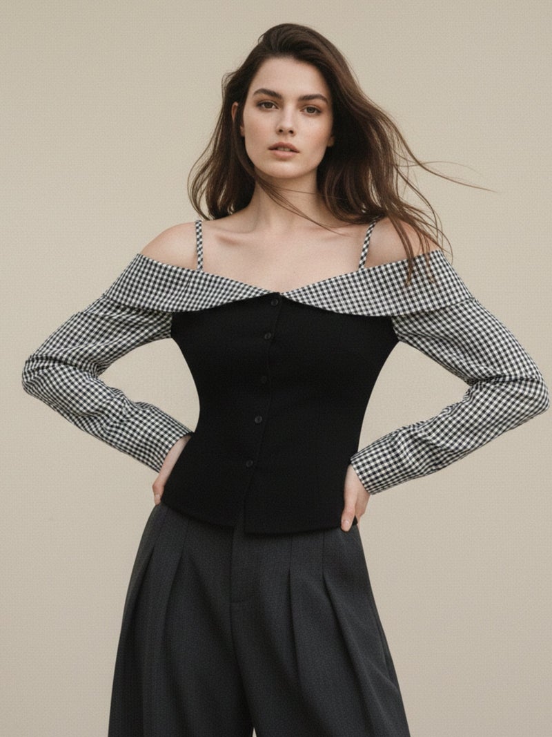 OUTZIDR Black Cold Shoulder Checkered Top - Image 2