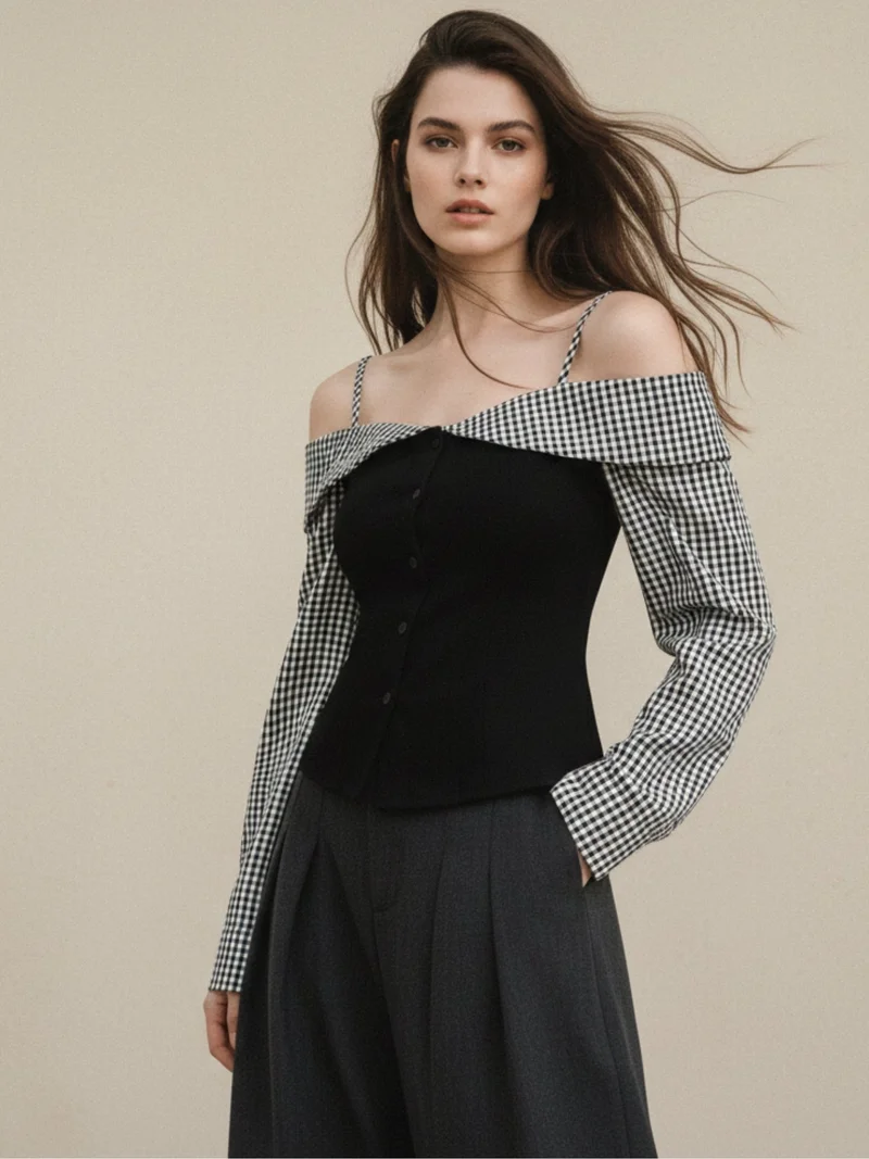 Black Cold Shoulder Checkered Top