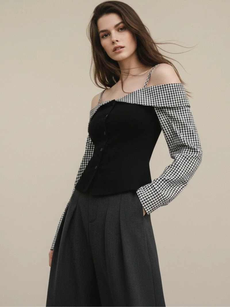 Outzidr  Black Cold Shoulder Checkered Top for Women | Best Price UAE
