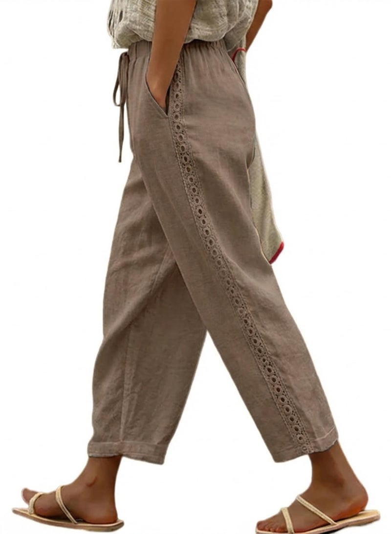 Acelitt Women Casual Linen Pants Drawstring Elastic Waist Fall Fashion 2026 Beach Capri Pants Trousers with Pockets Khaki Large