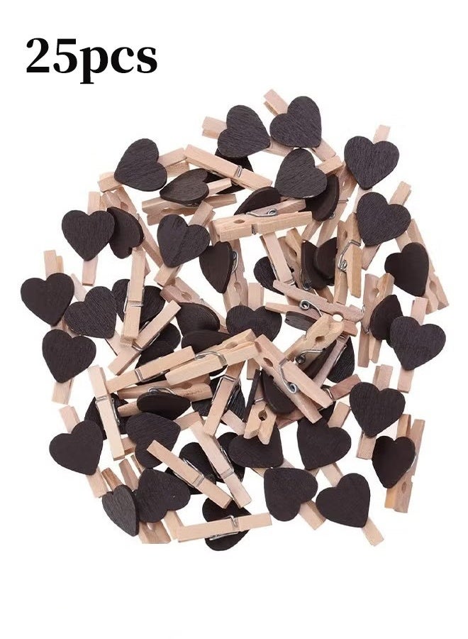 واي جيه 25 قطعة على شكل قلب أسود أقلاط فوتوغرافية خشبية، دبابيس صغيرة للملابس للصور، مع سلسلة 5M من الجدائل للصور المعلقة - Image 1