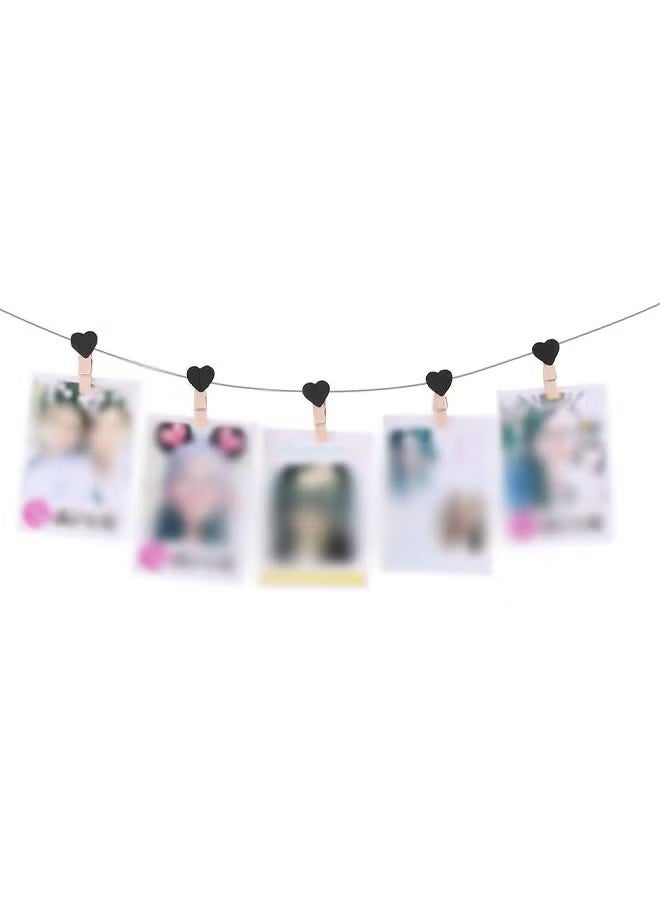 واي جيه 25 قطعة على شكل قلب أسود أقلاط فوتوغرافية خشبية، دبابيس صغيرة للملابس للصور، مع سلسلة 5M من الجدائل للصور المعلقة - Image 5