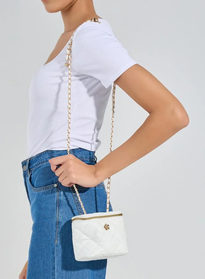 Styli Quilted Crossbody Bag with Floral Metal Patch
