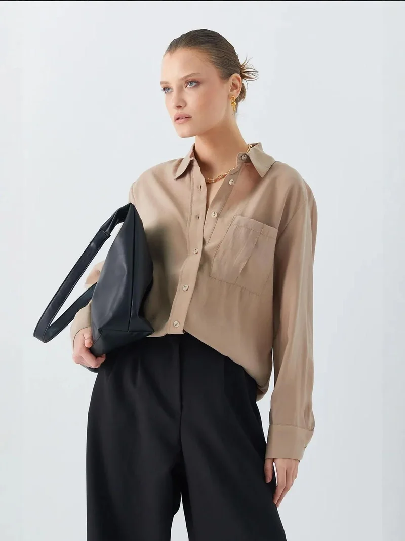 MixRay Camel Brown Mixray Relaxed Fit Shirt with Pocket for Women | Best Price UAE