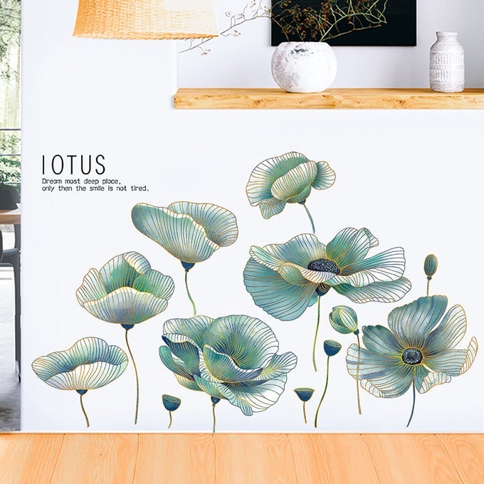 GREEN LOTUS WALL DECALS PEEL AND STICK WALL STICKERS REMOVABLE DECAL WALL DECOR FOR BEDROOM LIVING ROOM CLASSROOM OFFICE
