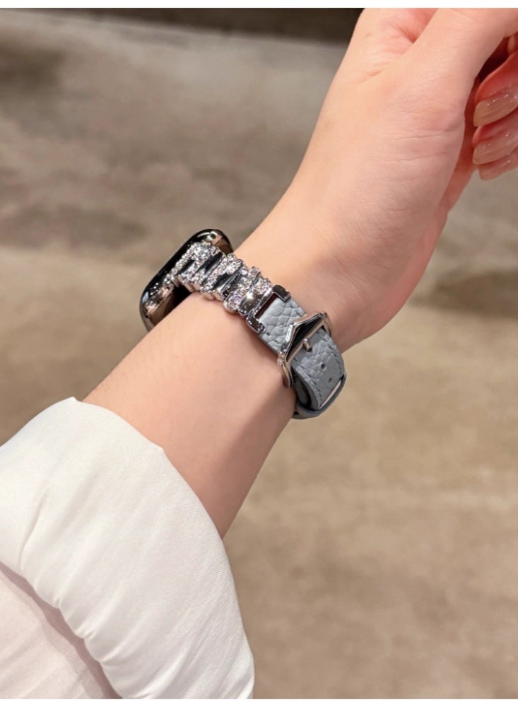Irregular Diamond Studded Lychee Patterned Leather Watch Strap Blue Belt, Silver Buckle, Strap Only Suitable For 45mm (7th to 9th Generation) - Image 5
