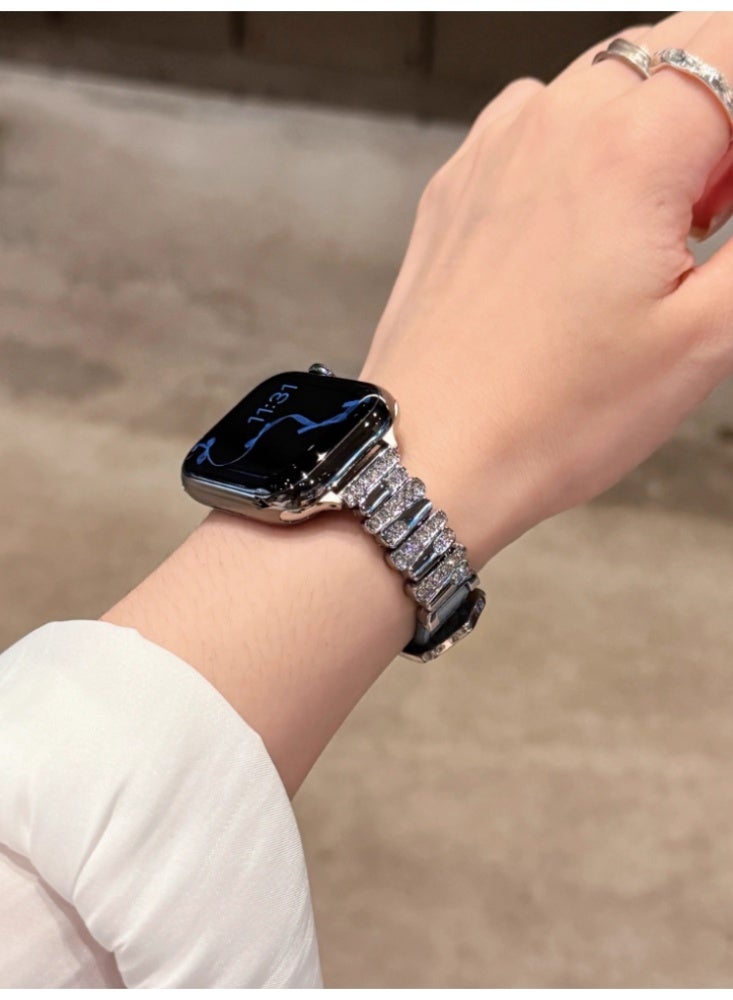 Irregular Diamond Studded Lychee Patterned Leather Watch Strap Blue Belt, Silver Buckle, Strap Only Suitable For 45mm (7th to 9th Generation) - Image 4