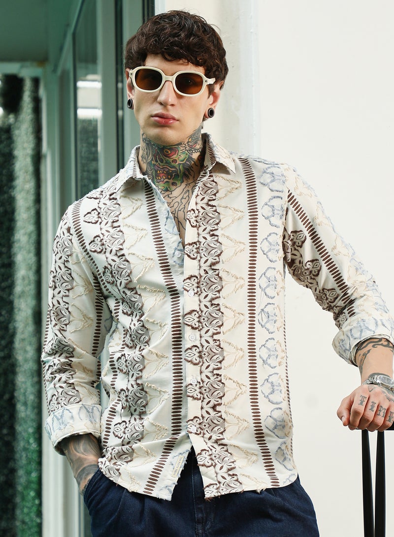 Campus Sutra Men's Off White Self Design Cotton-Poly Blend Full Sleeve Shirt - Image 1