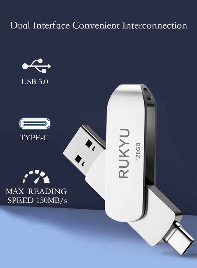 روكيو محرك أقراص فلاش USB مزدوج الواجهة متوافق مع USB 3.0/2.0+Type-C بسعة 128 جيجابايت، تخزين عالي السرعة، سرعة قراءة تصل إلى 150 ميجابايت في الثانية، سرعة كتابة تصل إلى 60 ميجابايت في الثانية، غطاء واقٍ دوار 360 درجة، متوافق مع أجهزة الكمبيوتر والأجهزة اللوحية والهواتف المحمولة من النوع C والسيارات وأجهزة الصوت والتلفزيون (128 جيجابايت) - Image 3