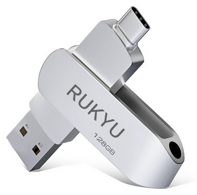 روكيو ذاكرة فلاش USB ثنائية الواجهة بسعة 128 جيجابايت، متوافقة مع USB 3.0/2.0 + Type-C، تخزين عالي السرعة، سرعة قراءة تصل إلى 150 ميجابايت في الثانية، سرعة كتابة تصل إلى 60 ميجابايت في الثانية، غطاء حماية دوار 360 درجة، متوافقة مع أجهزة الكمبيوتر، والأجهزة اللوحية، والهواتف المحمولة من نوع Type-C، والسيارات، وأجهزة الصوت، وأجهزة التلفزيون (128 جيجابايت). - Image 1