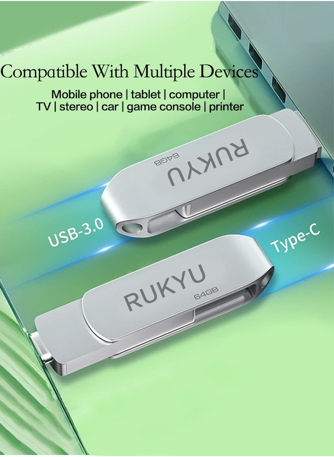 RUKYU - 128G USB3.0+Type-c Dual Interface USB Flash Drive, High-Speed Storage, 150MBps Read, 60MBps Write, 360-degree Rotating Protective Cover, Compatible with Computers, Tablets, Type-c Mobile Phones, Cars, Audio, TVs (128GB) - Image 1