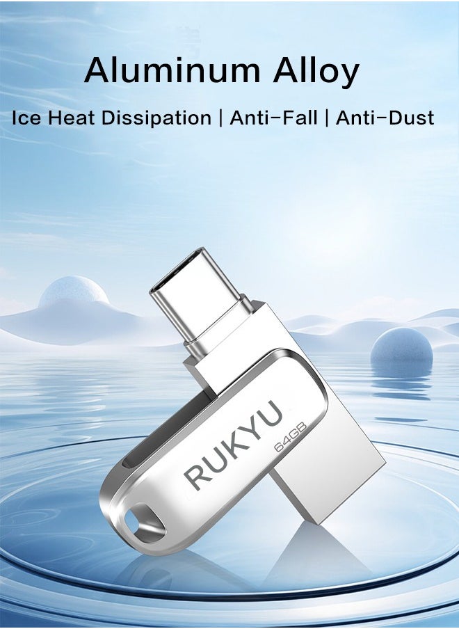 RUKYU - 128G USB3.0+Type-c Dual Interface USB Flash Drive, High-Speed Storage, 150MBps Read, 60MBps Write, 360-degree Rotating Protective Cover, Compatible with Computers, Tablets, Type-c Mobile Phones, Cars, Audio, TVs (128GB) - Image 1