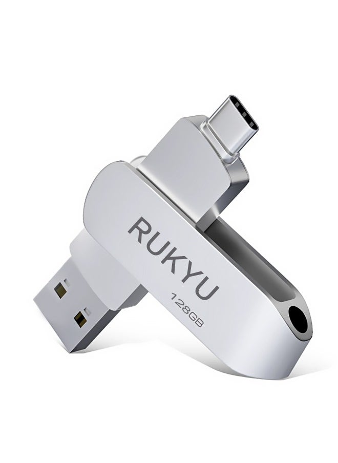 RUKYU - 128G USB3.0+Type-c Dual Interface USB Flash Drive, High-Speed Storage, 150MBps Read, 60MBps Write, 360-degree Rotating Protective Cover, Compatible with Computers, Tablets, Type-c Mobile Phones, Cars, Audio, TVs (128GB) - Image 1