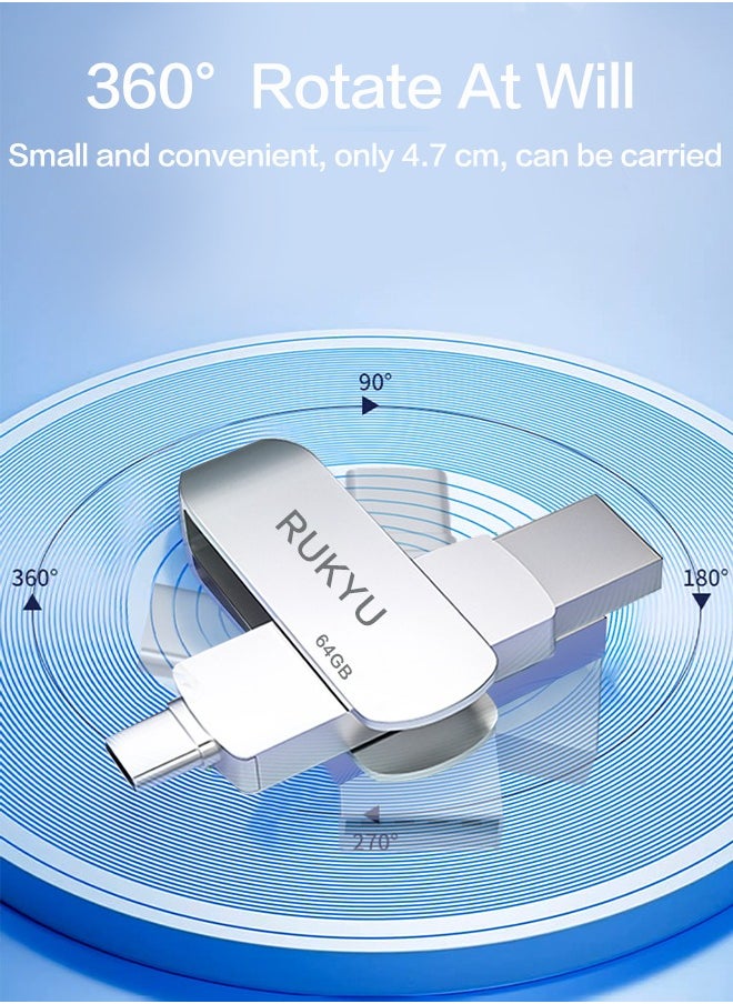 RUKYU - 128G USB3.0+Type-c Dual Interface USB Flash Drive, High-Speed Storage, 150MBps Read, 60MBps Write, 360-degree Rotating Protective Cover, Compatible with Computers, Tablets, Type-c Mobile Phones, Cars, Audio, TVs (128GB) - Image 1