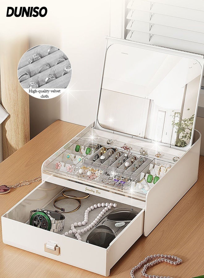 DUNISO Jewelry Organizer Box，Jewelry Organizer Storage Box with Mirror and Drawer，Multi-functional Jewellery Storage，for Earring, Bangle, Bracelet, Necklace and Rings - Image 1