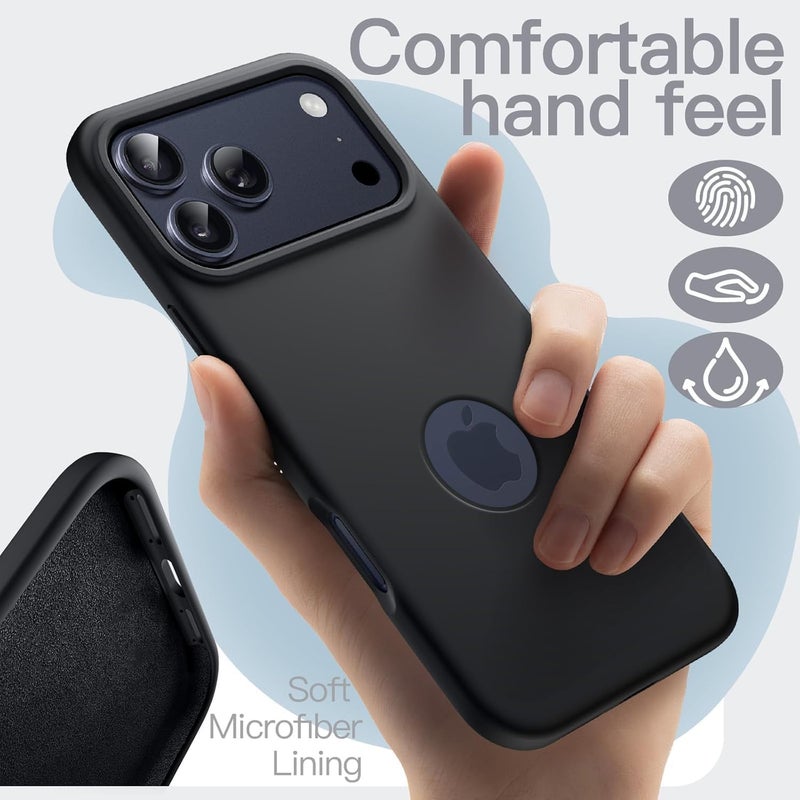 Elzzi غطاء ميكروفايبر مزخرف متوافق مع غلاف آيفون 17 برو ماكس من سائل السيليكون، غلاف كامل الجسم 4 طبقات واقية، غلاف خلفي مضاد للصدمات مع حواف كاميرا مرتفعة (أسود) - Image 3