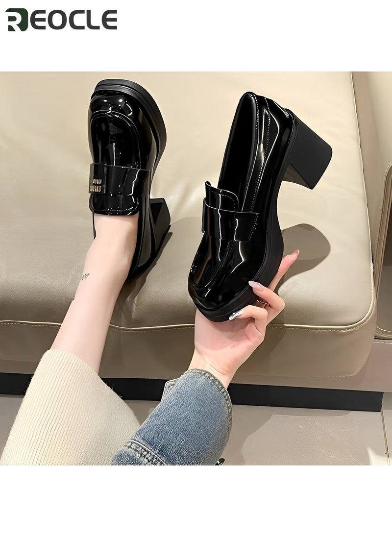 REOCLE Women's Leather Shoes British Fashion Shoes Sleeves Loafers High-heeled Shoes for Women - Image 3