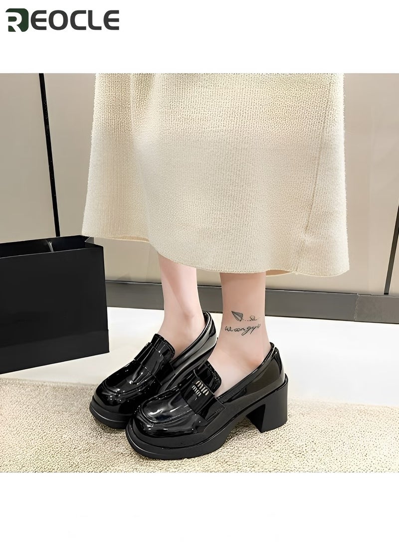 REOCLE Women's Leather Shoes British Fashion Shoes Sleeves Loafers High-heeled Shoes for Women - Image 5