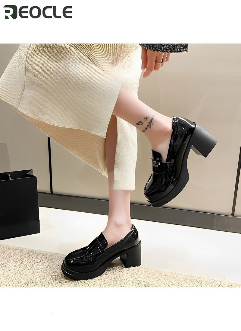 REOCLE Women's Leather Shoes British Fashion Shoes Sleeves Loafers High-heeled Shoes for Women - Image 4