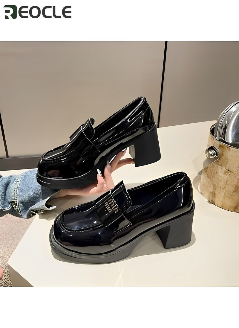 REOCLE Women's Leather Shoes British Fashion Shoes Sleeves Loafers High-heeled Shoes for Women - Image 2
