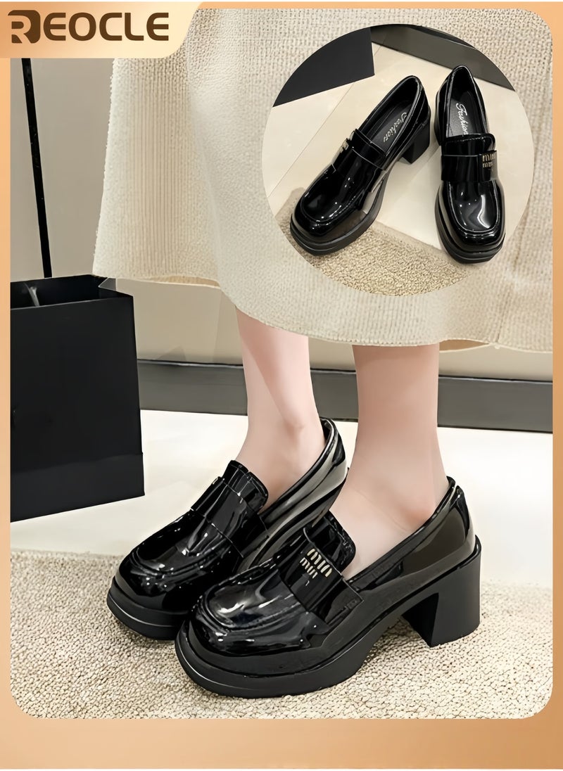 REOCLE Women's Leather Shoes British Fashion Shoes Sleeves Loafers High-heeled Shoes for Women - Image 1