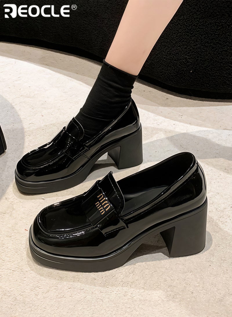 REOCLE Women's Leather Shoes British Fashion Shoes Sleeves Loafers High-heeled Shoes for Women - Image 1