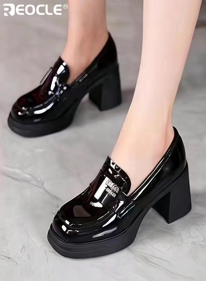 REOCLE Women's Leather Shoes British Fashion Shoes Sleeves Loafers High-heeled Shoes for Women - Image 3