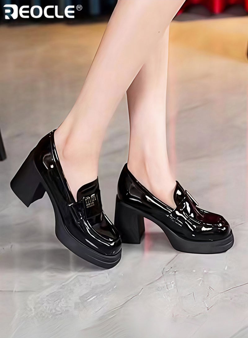 REOCLE Women's Leather Shoes British Fashion Shoes Sleeves Loafers High-heeled Shoes for Women - Image 2