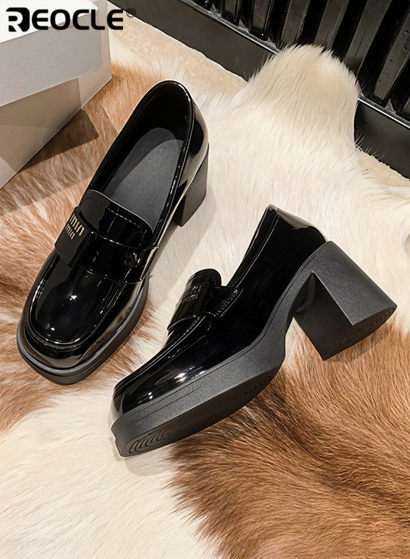 REOCLE Women's Leather Shoes British Fashion Shoes Sleeves Loafers High-heeled Shoes for Women - Image 5