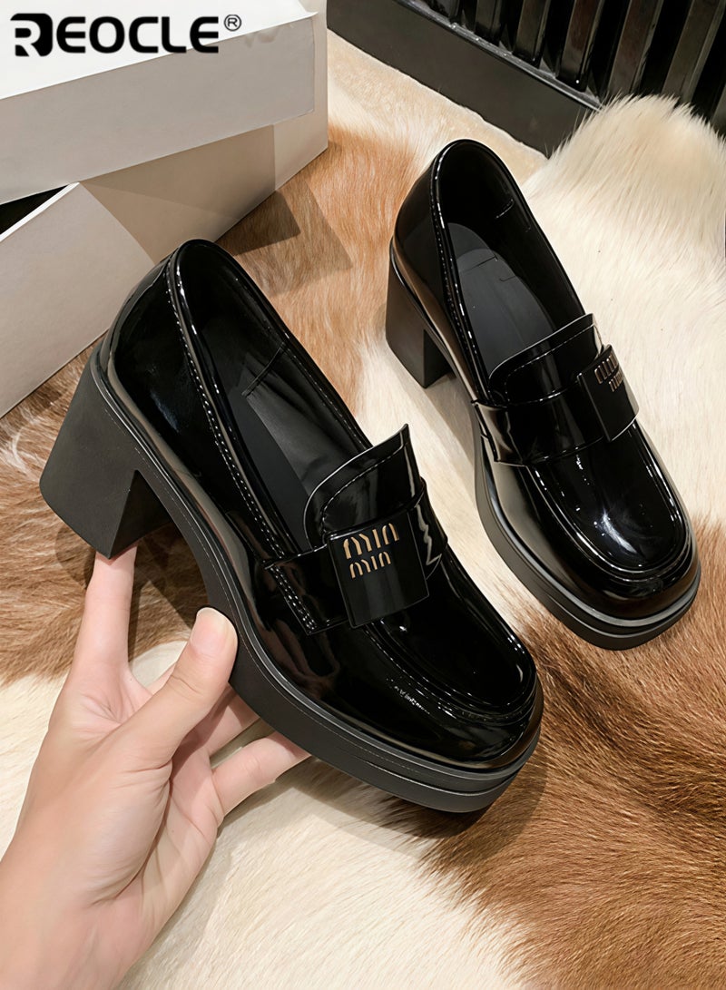 REOCLE Women's Leather Shoes British Fashion Shoes Sleeves Loafers High-heeled Shoes for Women - Image 4