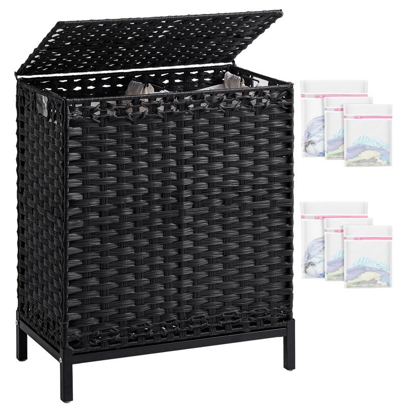 SETVSON Laundry Hamper with Lid, 112 L Handwoven Rattan Wicker Laundry Basket, 2 Removable Liner Bags Metal Heightened Feet, 6 Mesh Bags, 2 Section Large Clothes Hamper for Bathroom Bedroom, Black - Image 1