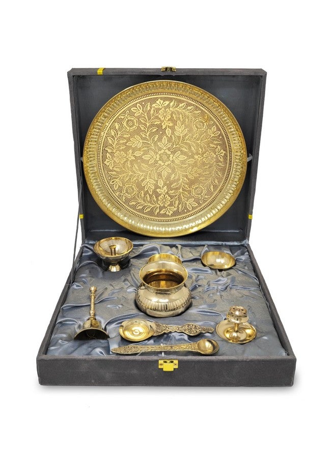 BENGALEN Brass Pooja Thali Set with Grey Gift Box 10 Inch Pital Puja Thali Dhup Dan Kalash Palli Ghanti Bowls Kappur Arti Spoon Diya for Diwali Home Mandir Office Wedding Return Gifts Items - Image 1