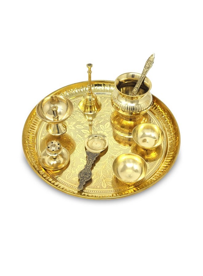 BENGALEN Brass Pooja Thali Set with Grey Gift Box 10 Inch Pital Puja Thali Dhup Dan Kalash Palli Ghanti Bowls Kappur Arti Spoon Diya for Diwali Home Mandir Office Wedding Return Gifts Items - Image 5