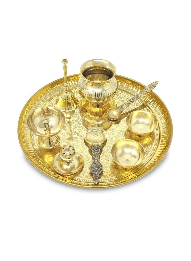BENGALEN Brass Pooja Thali Set with Grey Gift Box 10 Inch Pital Puja Thali Dhup Dan Kalash Palli Ghanti Bowls Kappur Arti Spoon Diya for Diwali Home Mandir Office Wedding Return Gifts Items - Image 4