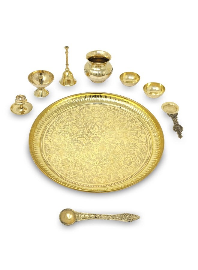 BENGALEN Brass Pooja Thali Set with Grey Gift Box 10 Inch Pital Puja Thali Dhup Dan Kalash Palli Ghanti Bowls Kappur Arti Spoon Diya for Diwali Home Mandir Office Wedding Return Gifts Items - Image 3