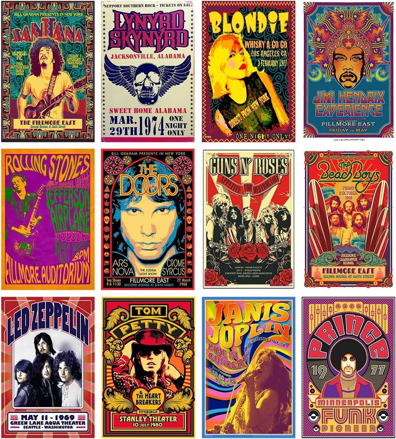Vintage Rock Band Posters for Room Aesthetic 70s 80s 90s Retro Music Bedroom Decor Wall Art Music Concert Poster Wall Collage Old Music Album Cover Prints 12 SET A 78X118 INCH