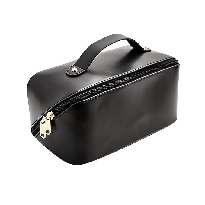 Pramit enterprise Large Capacity Cosmetic Travel Bag Womens Portable Leather Makeup Storage Organizer with Handle Divider and Wide Opening Ideal for Cosmetics and Travel Black - Image 1