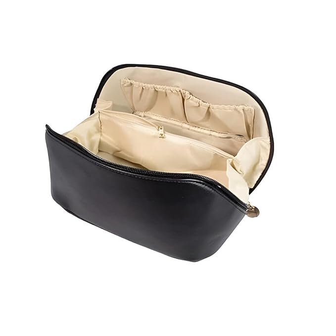 Pramit enterprise Large Capacity Cosmetic Travel Bag Womens Portable Leather Makeup Storage Organizer with Handle Divider and Wide Opening Ideal for Cosmetics and Travel Black - Image 2