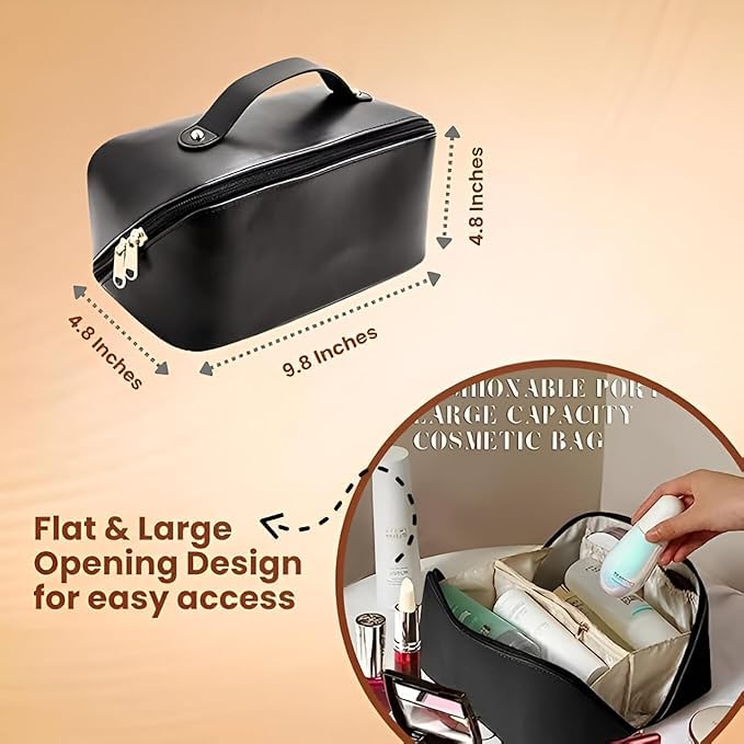 Pramit enterprise Large Capacity Cosmetic Travel Bag Womens Portable Leather Makeup Storage Organizer with Handle Divider and Wide Opening Ideal for Cosmetics and Travel Black - Image 3