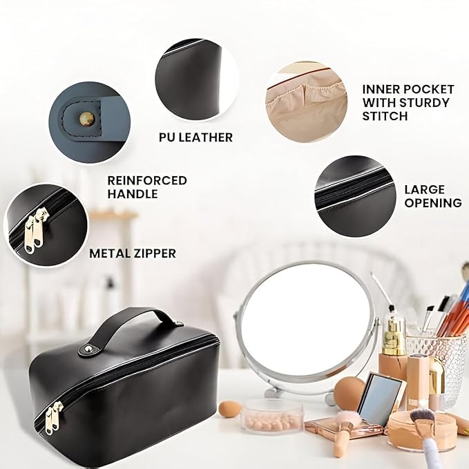 Pramit enterprise Large Capacity Cosmetic Travel Bag Womens Portable Leather Makeup Storage Organizer with Handle Divider and Wide Opening Ideal for Cosmetics and Travel Black - Image 4