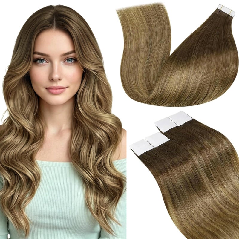 LaaVoo Tape in Hair Extensions Human Hair Balayage Hair Extensions Tape in Ombre Chestnut Brown to Light Brown Mix Golden Brown Tape on Extensions Straight Hair 20inch 50g 20pcs - Image 3