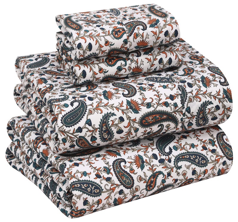 RUVANTI 100 Cotton Percale Sheets Full Size Crisp Cooling Bed Sheets for Hot Sleepers Deep Pocket 16 Soft Breathable Durable HotelStyle 4 Piece Set Teal Paisley - Image 2