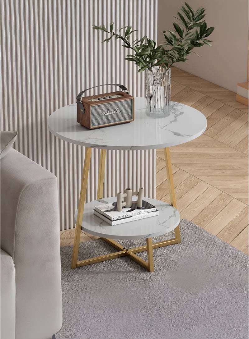 توشيونيكس طاولة جانبية فاخرة من الرخام الأبيض الصناعي مكونة من طبقتين، طاولة جانبية فاخرة، طاولة جانبية بجانب السرير، طاولة قهوة مميزة متعددة الطبقات بإطار من الفولاذ الذهبي ورف تخزين للمنزل والمكتب والفندق والمطعم والديكور والأثاث وغرفة المعيشة وغرفة النوم والشرفة والفناء والحديقة والممر وطاولة مستديرة صغيرة - Image 5