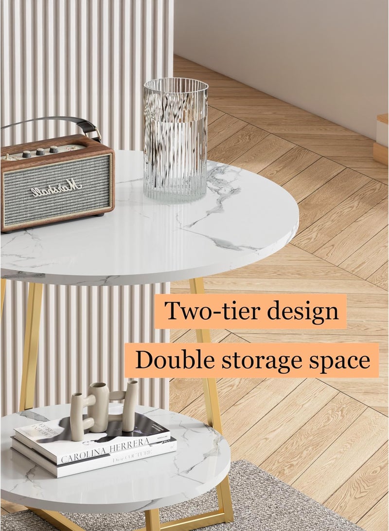 توشيونيكس طاولة جانبية فاخرة من الرخام الأبيض الصناعي مكونة من طبقتين، طاولة جانبية فاخرة، طاولة جانبية بجانب السرير، طاولة قهوة مميزة متعددة الطبقات بإطار من الفولاذ الذهبي ورف تخزين للمنزل والمكتب والفندق والمطعم والديكور والأثاث وغرفة المعيشة وغرفة النوم والشرفة والفناء والحديقة والممر وطاولة مستديرة صغيرة - Image 2