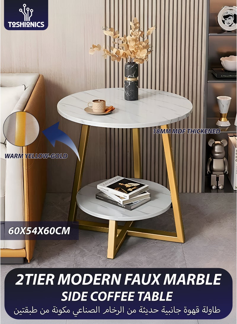 توشيونيكس طاولة جانبية فاخرة من الرخام الأبيض الصناعي مكونة من طبقتين، طاولة جانبية فاخرة، طاولة جانبية بجانب السرير، طاولة قهوة مميزة متعددة الطبقات بإطار من الفولاذ الذهبي ورف تخزين للمنزل والمكتب والفندق والمطعم والديكور والأثاث وغرفة المعيشة وغرفة النوم والشرفة والفناء والحديقة والممر وطاولة مستديرة صغيرة - Image 1