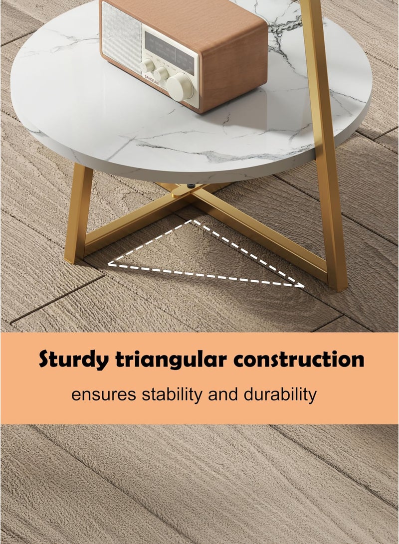 توشيونيكس طاولة جانبية فاخرة من الرخام الأبيض الصناعي مكونة من طبقتين، طاولة جانبية فاخرة، طاولة جانبية بجانب السرير، طاولة قهوة مميزة متعددة الطبقات بإطار من الفولاذ الذهبي ورف تخزين للمنزل والمكتب والفندق والمطعم والديكور والأثاث وغرفة المعيشة وغرفة النوم والشرفة والفناء والحديقة والممر وطاولة مستديرة صغيرة - Image 4