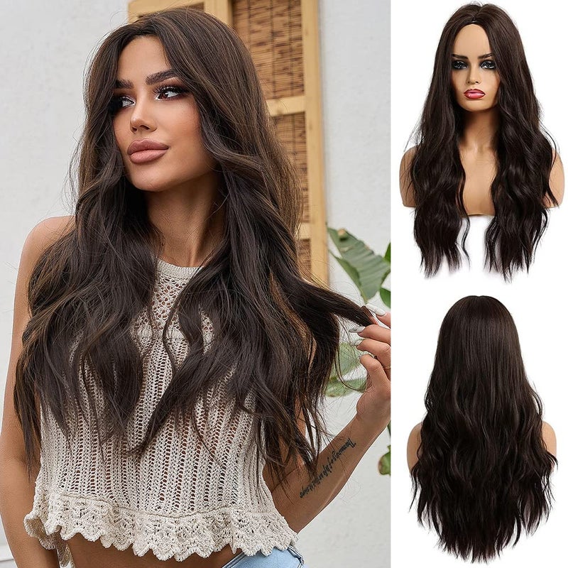 Esmee 24 Inches Long Wavy Black Brown Wigs Cosplay Costume Party Wig for Black Women Afro High Temperature Fiber Synthetic Hair Wigs - Image 1